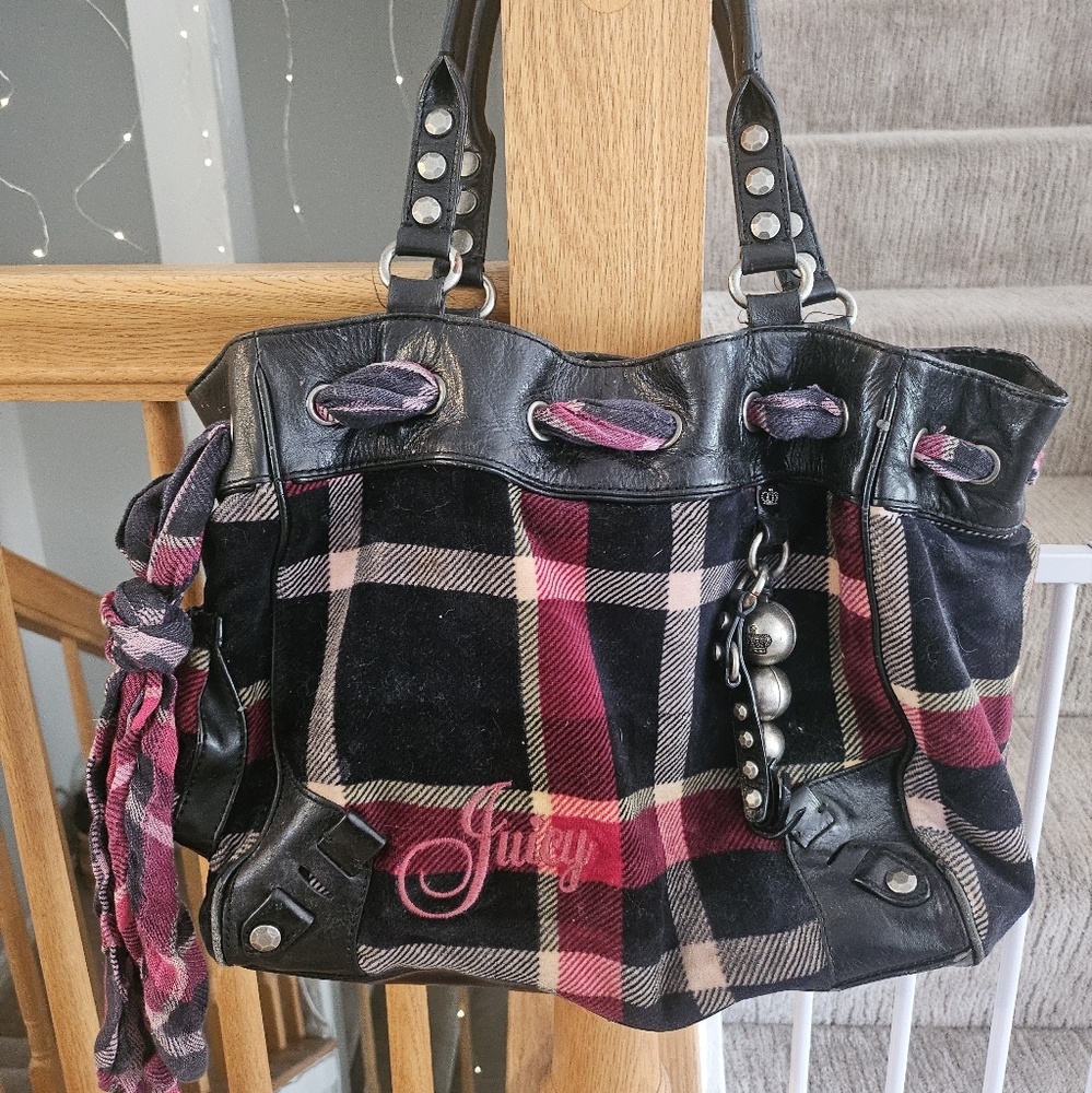 JUICY COUTURE Plaid Handbag with Black Leather Accents
